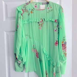 Preen Line Green Floral Crepe de Chine Blouse Asymmetrical with petite ruffles